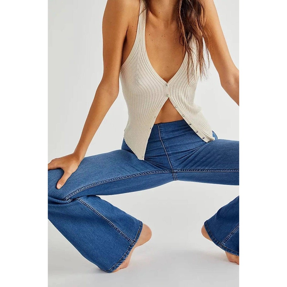 Free People Penny Pull On‎ Flare Jeans Medium Wash Blue High Rise Bell Bottom 27